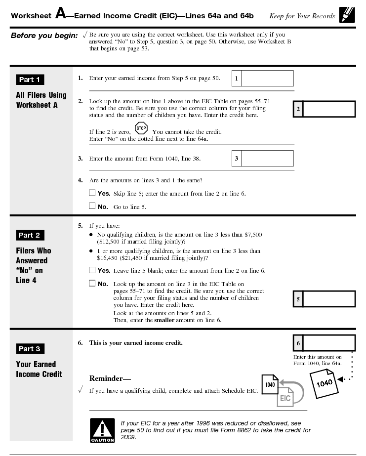 Worksheet A—Earned Income Credit—Line 64a and 64b