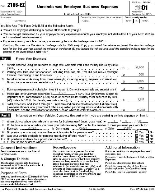 Form 2106-EZ for Bill Wilson