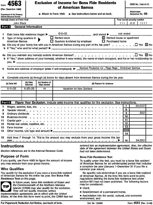 Form 4563, page 1 for John Black