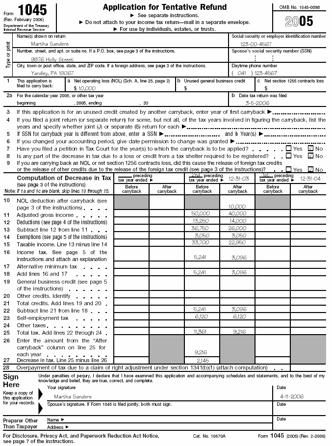 Form 1045, page 1