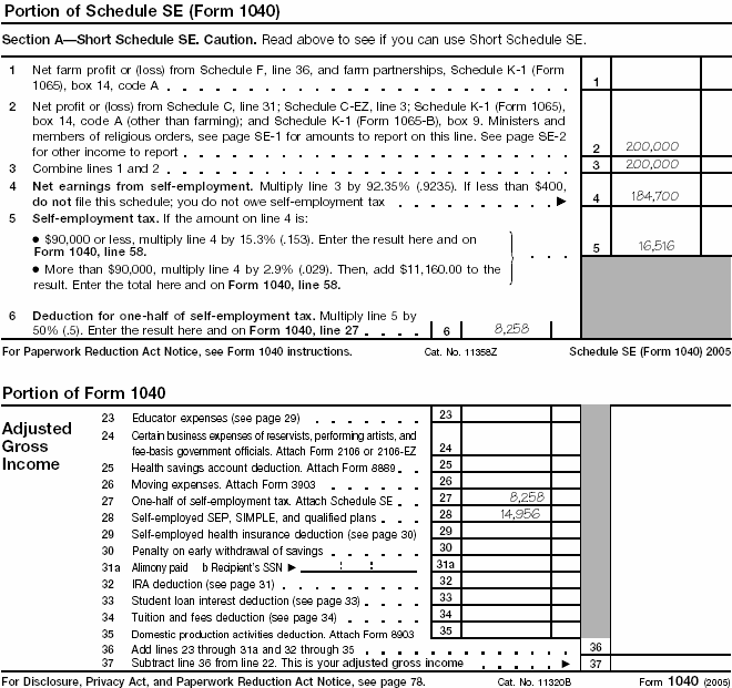 Portion of Form 1040 and Portion of Schedule SE