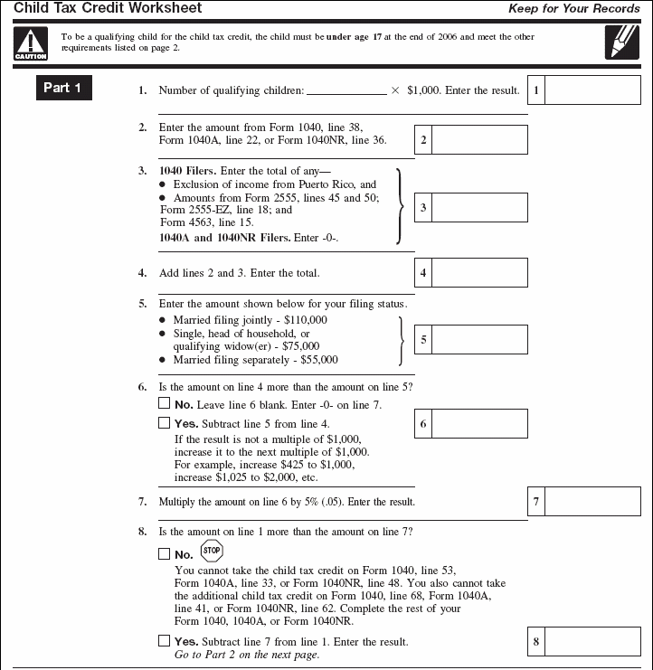 Child Tax Credit Worksheet. page 1