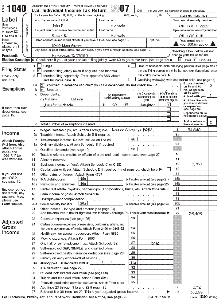 Form 1040, page 1 for John E. and Susan R. Michaels